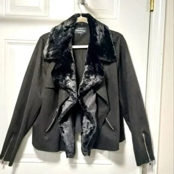 Haute Monde Black Faux Fur Waterfall Jacket With Zipper Details & Faux Suede L - Picture 2 of 12
